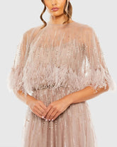 Beige Embellished A Line Gown with Feather Detail Cape